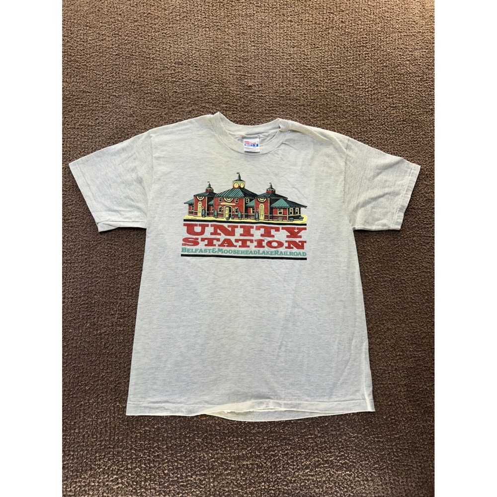 Vintage Hanes Beefy-T Belfast Moosehead Lake Railroad Unity Station Maine L